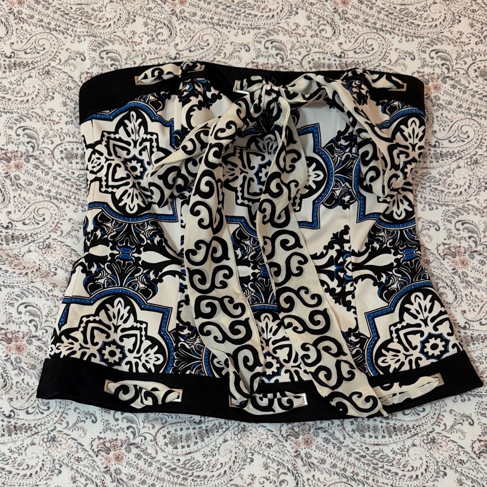 White House Black Market Strapless Patterned Tube Top in Black, White & Blue